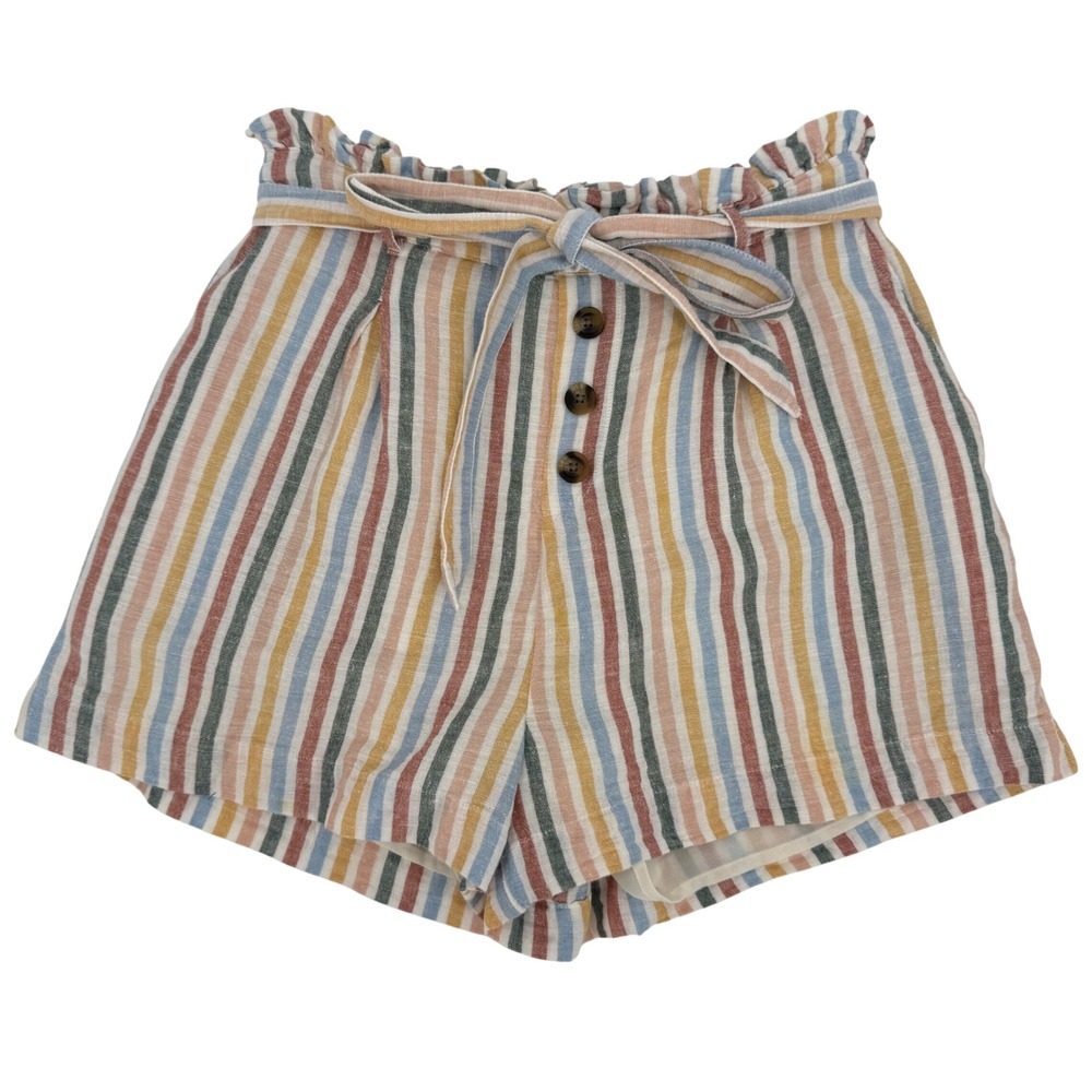 American Eagle Striped Paperbag Waist Shorts Cotton Linen Tie Belt Multi Size S